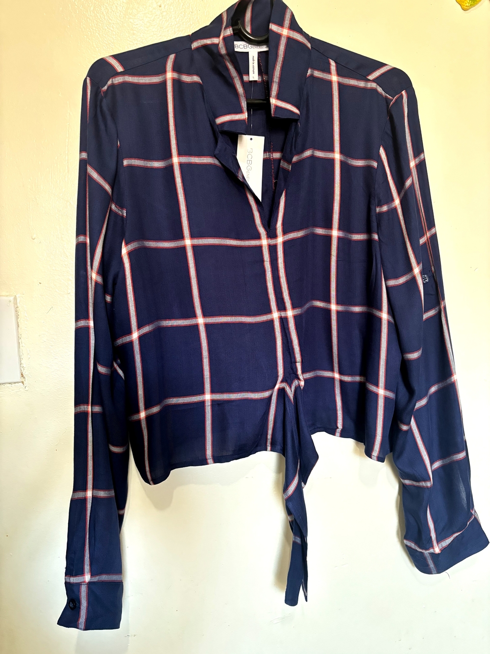 BCBGMaxAzria Navy Plaid Button-Down Tie Hem Shirt